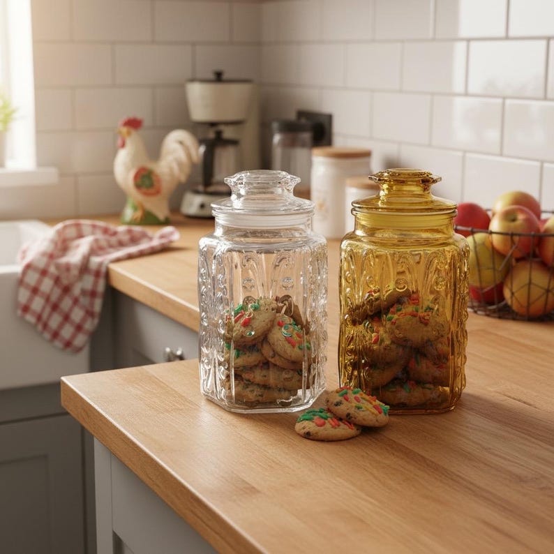 May include: Two glass cookie jars with lids, one clear and one amber, filled with cookies. The jars sit on a wooden countertop, with a rooster figurine and a coffee maker in the background. A few cookies are on the counter.