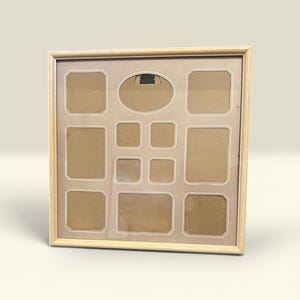 May include: A square light-colored wooden collage picture frame featuring a beige mat board with multiple openings. The layout includes one oval opening at the top, two large rectangular side openings, four smaller square openings, and two bottom rectangular openings.