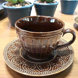 May include: A brown ceramic teacup and saucer set with a detailed, embossed design. The cup has a handle and sits on a matching saucer with a floral pattern. The set is on a wooden surface, with small potted succulents in the background.