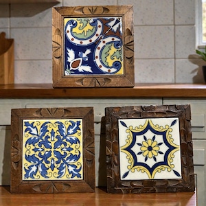 Vintage Mexican Tile Trivet with Carved wood
