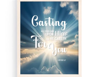 Hij geeft om je 1 Petrus 5:7 schriftafdruk – christelijke muurdecoratie (digitale download)
