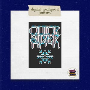 May include: Digital needlepoint pattern featuring the words "Quick Stitcher" in pixelated blue, pink, and white text, with a snowflake design below. The pattern is on a black background, set against a white canvas.