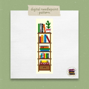 May include: A digital needlepoint pattern of a bookshelf with five shelves filled with books and a potted plant on the top shelf. The bookshelf is brown with a light brown drawer. The background is a white canvas.