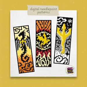 May include: Three digital needlepoint patterns featuring different colored dragon designs. The patterns are in a pixelated style and are ready to be stitched.