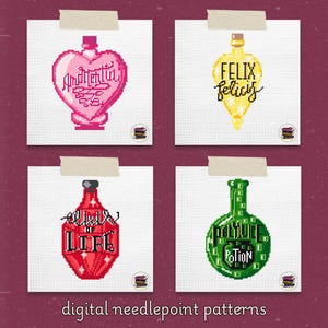 May include: Four digital needlepoint patterns featuring potion bottles with different labels. The bottles are in the shapes of a heart, a teardrop, a diamond, and a circle. The labels read "Amortentia", "Felix Felicis", "Elixir of Life", and "Poison Potion".