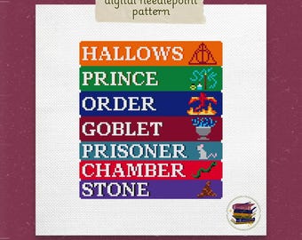 Wzór haftu krzyżykowego „Wizard School Bookstack”: 7-częściowy projekt grzbietu książki (PDF)