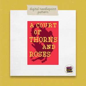 May include: Digital needlepoint pattern featuring the text "A Court of Thorns and Roses" in yellow pixelated letters on a red background. A dark silhouette of a creature is in the center. The words "digital needlepoint pattern" are at the top.
