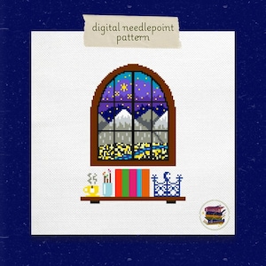 ACOTAR Bookshelf Needlepoint Pattern, Velaris Window, Night Court, Fantasy Bookish Stitching PDF for 18 Mesh, Sarah J Maas, ACOTAR Bookstack