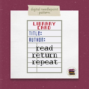 Vintage bibliotheekkaart borduurpatroon, gelezen retourherhaling, leesgrage stiksels pdf, 18 mesh canvas, cadeau boekenliefhebbers, bibliotheeknaaldpunt