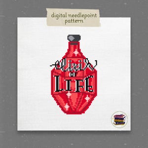 May include: Red glass bottle with a black stopper and the text "Elixir of Life" in black lettering. The bottle is shaped like a teardrop and has white stars on it.