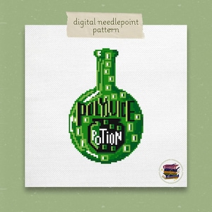 May include: Green potion bottle with the text "Polyjuice Potion" in black lettering. The bottle is round with a long neck and is filled with green liquid. The bottle is surrounded by small white circles.