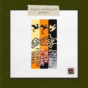 May include: Digital needlepoint pattern featuring four vertical sections with dragon and text designs. The sections are in shades of yellow, orange, black, and gray. The text includes "Fourth Wing", "Iron Flame", and "Onyx Storm".