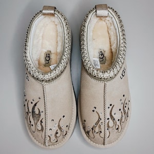 Custom Hand-Burnt UGG Tazz 2 Slippers, Flame Crystal Design, Size UK 5.5