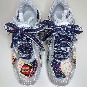 Custom Nike Air Zoom Spiridon Cage 2 Sashiko Denim Patchwork Sneakers (UK 9.5)