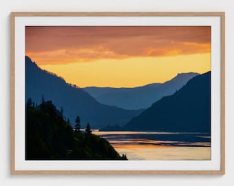Columbia River Gorge Sunset Art Print, Oregon Vibrant Fine Living Room Decor, Scenic Nature Bedroom Decor