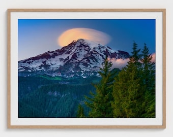 Mt. Rainier Washington Sunset Lenticular Cloud Photography Art Print, Framed Wall Art