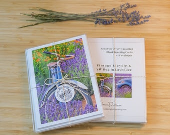 Vintage Bike, VW Bug, Oregon, Lavender, 5x7 Greeting Cards Boxed Gift Set (6 cards w/ envelopes), Art Cards, Fine Art Photography, Gift