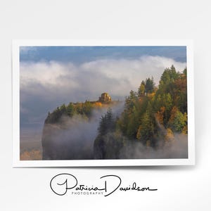 Puede incluir: Fotograf&iacute;a de un paisaje de un acantilado con una estructura en la cima, rodeado de &aacute;rboles y niebla. El cielo es una mezcla de azul y gris. Firmado "Patricia Davidson Photography".