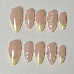 Luxury French Tip Press On Nails | Handmade Yellow and Pink Nails | Minimalist Everyday Style Press-On Nails Reusable False Nails|Pearl Nais
