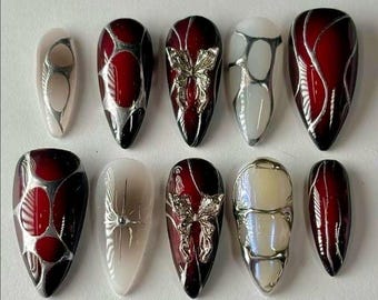 Uñas postizas 3D negras de lujo / Uñas postizas rojas con diseño único / Adornos de mariposa / Arte de uñas / Uñas Y2K / Uñas acrílicas / Regalo para ella