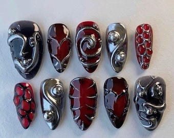 Gothic Red Press On Nails | Edgy Black and Red Press Ons | Gothic Press On Set | Cyberpunk & Gothic Nails | Halloween Nails