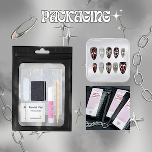 Peut inclure: Un kit d'art des ongles avec une pochette noire contenant des outils pour les ongles et un petit flacon de colle &agrave; ongles. Un &eacute;tui transparent pr&eacute;sente un ensemble de faux ongles avec divers motifs. Le mot "PACKAGING" est en haut.