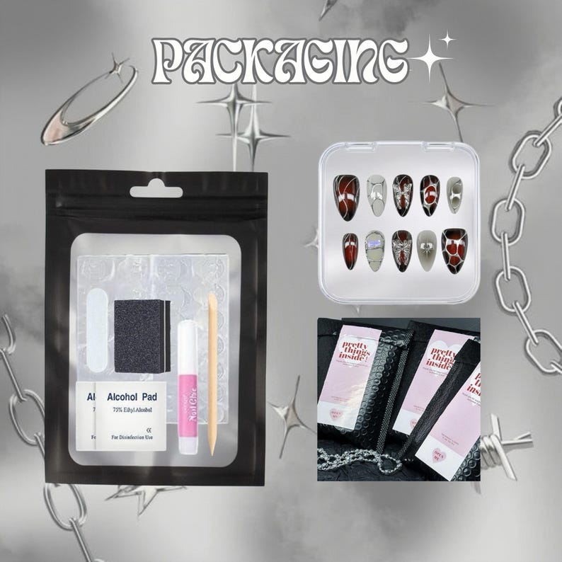 Peut inclure: Un kit d'art des ongles avec une pochette noire contenant des outils pour les ongles et un petit flacon de colle &agrave; ongles. Un &eacute;tui transparent pr&eacute;sente un ensemble de faux ongles avec divers motifs. Le mot "PACKAGING" est en haut.