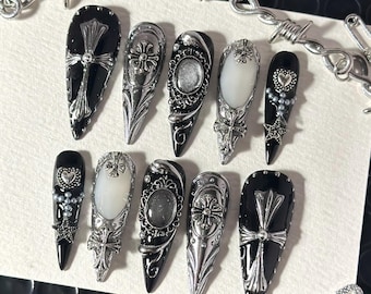 Luxury Gothic Chrome Press On Nails | Long Stiletto Black Silver Cross Nails | 3D Metallic Charm Nail Set | Elegant High-End Gothic Nails