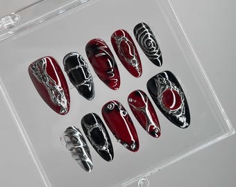 Ongles à presser gothique noir rouge chrome, faux ongles en gel 3D métallisé, Art d'ongles punk rock, ensemble d'ongles gothiques moyen amande