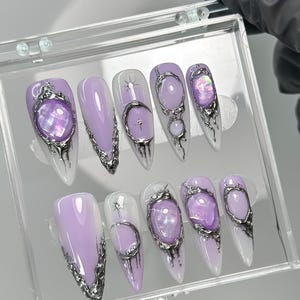 Gothic Purple Press On Nails, Dark Glam Fake Nails, Silver and Purple Nail Art , 3D Gothic Purple Fake Nails , Gothic Nails