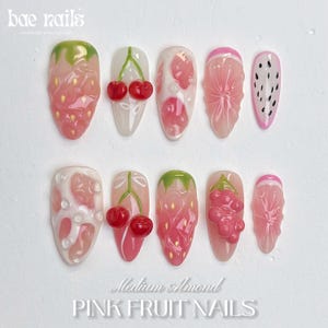 Pink Fruit Press On Nails, Summer Holiday Fake Nails, Vibrant Fruit Nail Art, Tropical Fruit Long Nails, Cherry Nails, Citrus Press On Nails