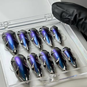 Custom Blue Purple Chrome Press On Nails| Dark Nails | Gothic Punk Rock Silver Chrome Fake nails | Mysterious Y2K Metallic Goth Nails