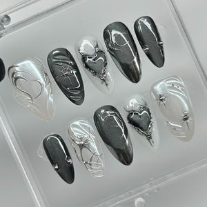 Gothic Black Press On Nails, Cat Eye Nails - Metallic Nail Set- Y2K Fake Nails - Medium Almond Nails - BaeNailss