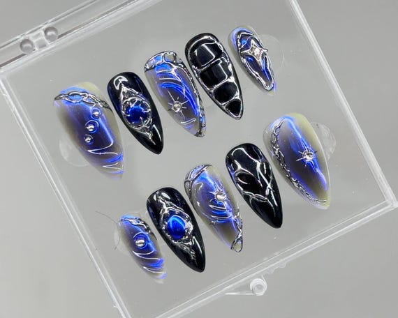 Blue Cyber Chrome Press On Nails | Black Dark press on nails | Goth Y2K Crosses Nail Art | Gothic Nails | Black Nail vibe Set | BaeNailss
