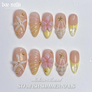 Beach Press On Nails, 3D Starfish & Shell Design, Handmade Summer Ocean Nail Art, Pastel Pink Yellow Nails, Vacation Nail Set, Short Nails