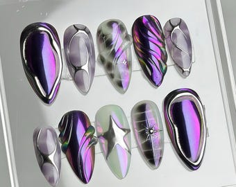 Chrome Aura Press On Nails | Iridescent Purple Silver Mirror Nails | 3D Abstract Nail Art | Stiletto False Nails