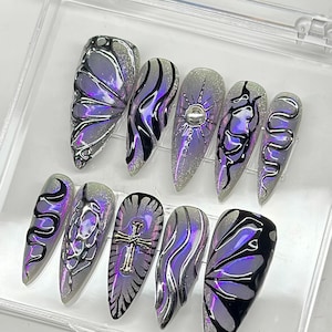 Purple Chrome Snake Butterfly Gothic Press On Nails – Long Stiletto 3D Silver Metallic False Nails – Cross Nails