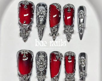 Red Chrome Gothic Press On Nails, Luxury Metallic Cross Nail Set, Dark Vampire Chrome Fake Nails