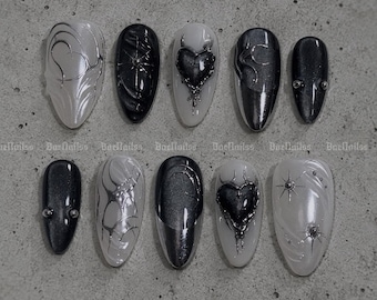 Unhas Postiças Góticas Pretas, Unhas Olho de Gato - Conjunto de Unhas Metálicas - Unhas Postiças Y2K - Unhas Médias Amêndoa - BaeNailss