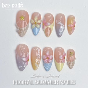 Fleurs 3D faites main à presser sur les ongles, décorations d&#39;ongles de plage d&#39;été, longs ongles stylets, faux ongles personnalisés, ensemble artistique réutilisable, ongles de vacances, cadeau
