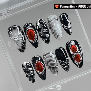 Black Silver Chrome 3D Press On Nails, Gothic Vampire Red Accent Nail Set | Long Stiletto Gel Nails for Halloween, cosplay & Rave Fashion