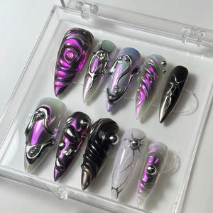 Purple Aurora Chrome Press On Nails | 3D Silver Chrome Ombre Black Nails | Gothic Cyber Halloween Nail Art | Long Stiletto Nails