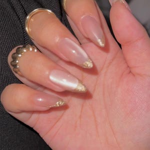 Gold French Cat Eye Nails -Gold French Nails - Daily Fake Nail Set Cat Eye Fake Nails - Pink Press On Nails