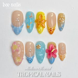 Tropical Beach Press On Nails | Ocean Shellsea, Starfish | Flower Nails | Summer Nails | Vacay Nails