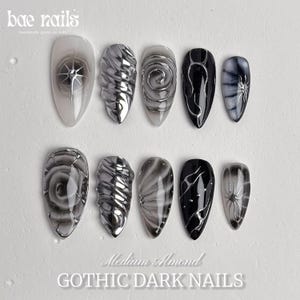 Black and Gray Dark Press On Nails, Gothic Punk Rock Nails, Goth Y2K Silver Chrome Press On Nails