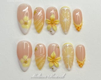 3D Lemon Flower Nails, Fruit Inspired Press On Nails, Orange Lemon Nail Art, Summer Vacation Nail Set, Yellow nails, Tropical Beach Nail Art