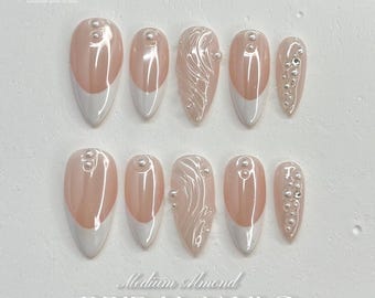 Pearl Press-On Nails - 3D Luxury Nail Set- French Press on nails medium almond nails- wedding nails- Minimalist nail- Bridal Nails