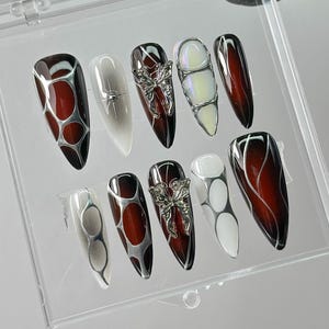 Luxury Black 3D Press On Nails | Red Press On Nails Unique Design |Butterfly Charms|  Nail art | Y2K Nails | Acrylic Nails | Gift for her
