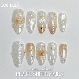 Pearl Shell Presse auf den Nägeln - 3D Blume weiß irisierend Braut Mermaid Nagel-Set
