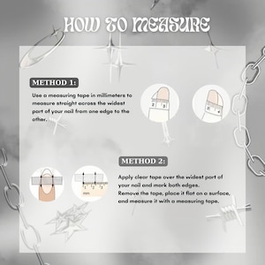 Peut inclure: Un graphique p&eacute;dagogique intitul&eacute; &laquo;&nbsp;COMMENT MESURER&nbsp;&raquo; avec deux m&eacute;thodes pour mesurer les ongles. La m&eacute;thode 1 utilise un ruban &agrave; mesurer en millim&egrave;tres. La m&eacute;thode 2 utilise du ruban adh&eacute;sif transparent pour marquer la partie la plus large de l'ongle.